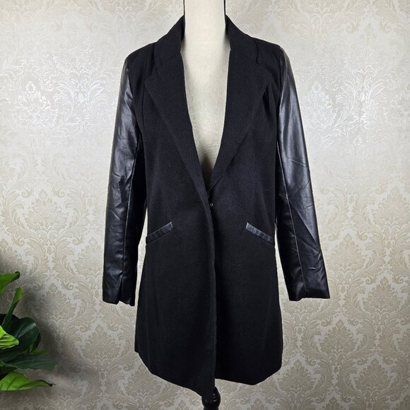 JeyKay Size XL Black Long Length Jacket Faux Leather Sleeves and Trim Pockets - Picture 1 of 11